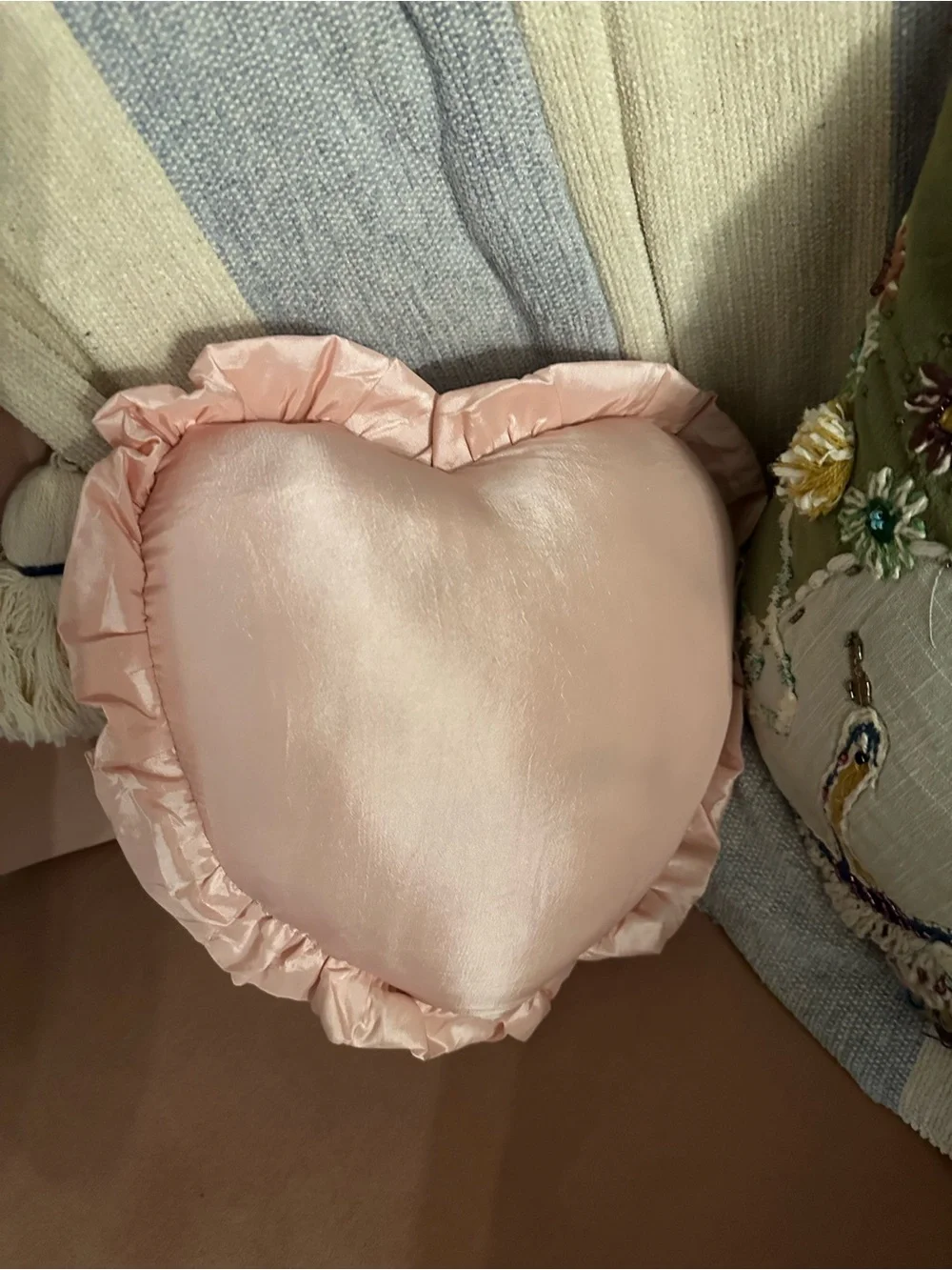 Embroidered Pink Heart Pillow with Floral Ribbonwork